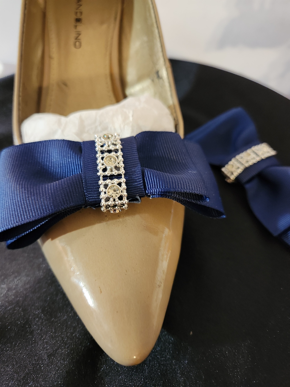 Hand Crafted Navy Blue Ribbon Shoe Bows with Rhinestone Accent